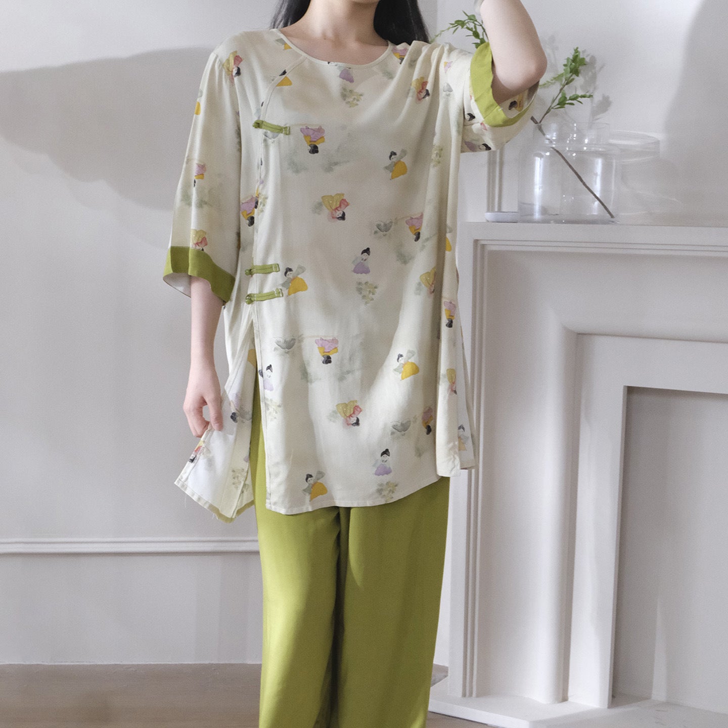 Flowy Wide-Leg Loungewear – Vintage Oriental Print, One Size Fits Most