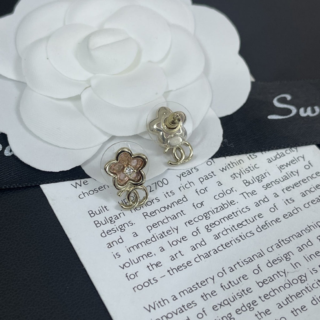 New early spring flower zircon stud earrings pink camellia small double cCC earrings 26CC simple stud earrings women