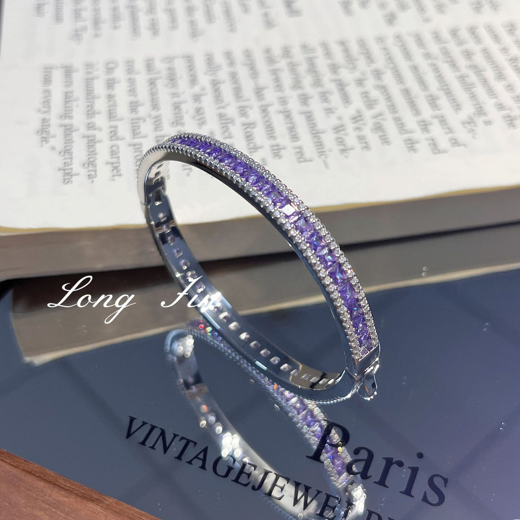 Purple Star Trail Bracelet Set – Full Pavé Cuff & Four-Leaf Clover Chain