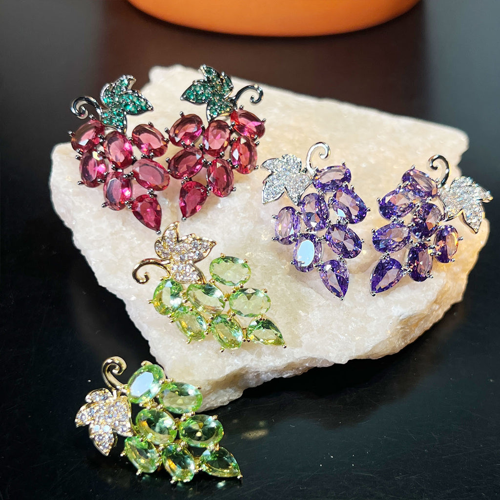 Grape Cluster Earrings – Purple, Red or Light Green Zirconia