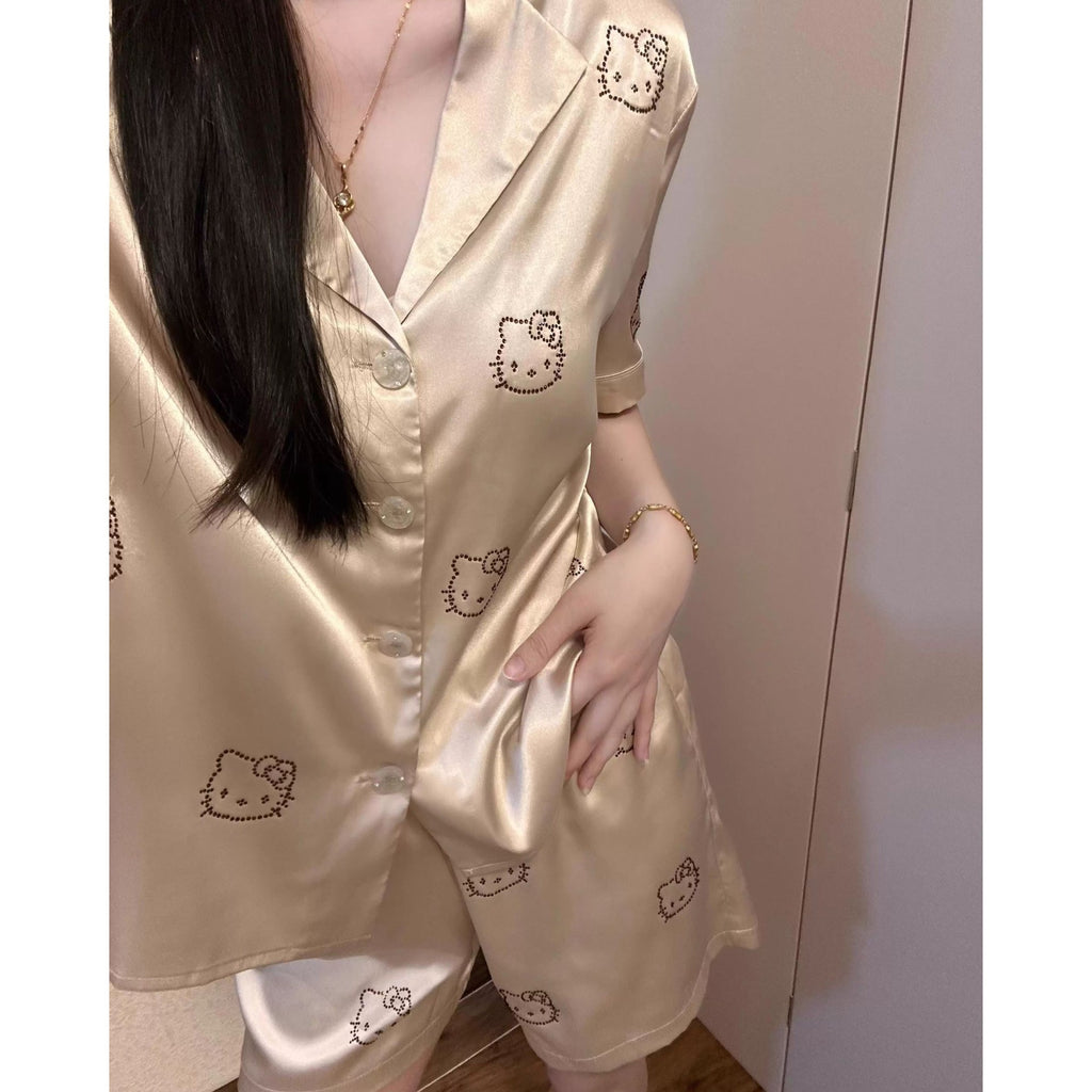 French Chic Rhinestone Cat Pajama Set – Short Sleeve + Shorts, S-3XL