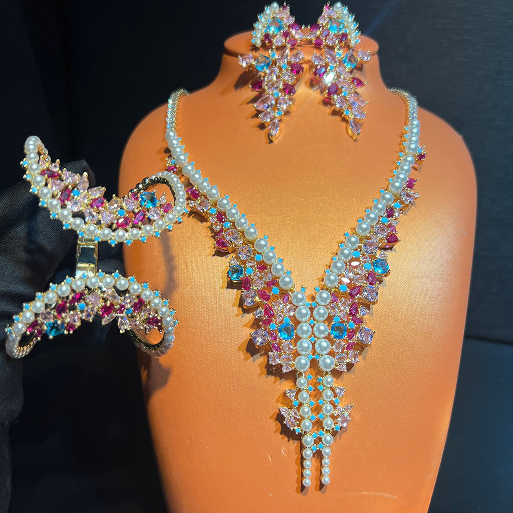 Chinese Vintage Pavé Jewelry Set – Necklace, Bracelet & Earrings in Gold