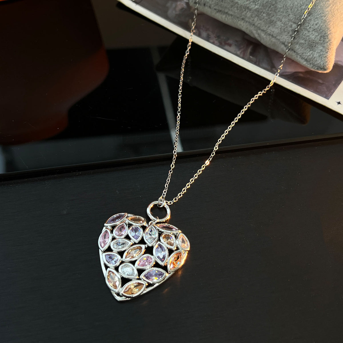Heavy Work Hollow Heart Necklace & Earrings – Colorful Zirconia