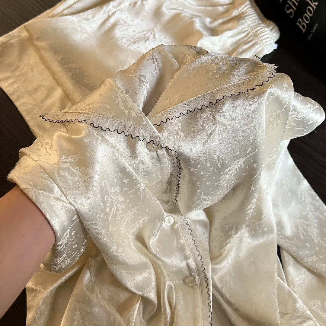 Light Luxury Lace Ice-Silk Pajama Set – Long Sleeve + Long Pants, S-3XL