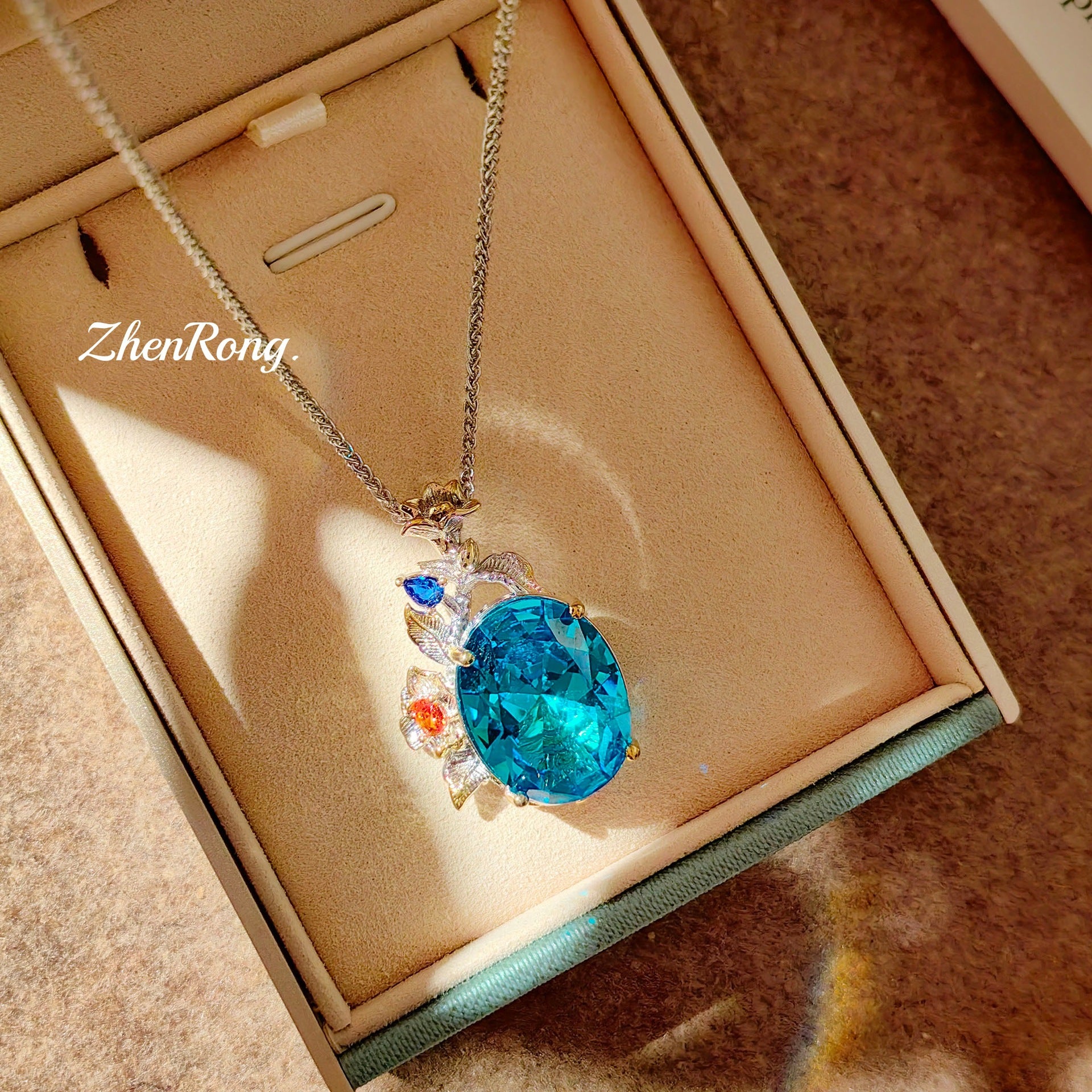 Italian Filigree Gem Set – Aqua Blue & Pink, with Chain