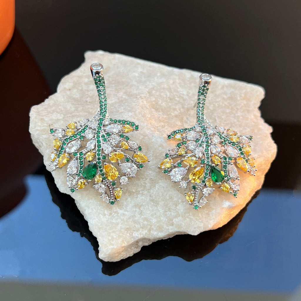Hollow Leaf Zircon Stud Earrings