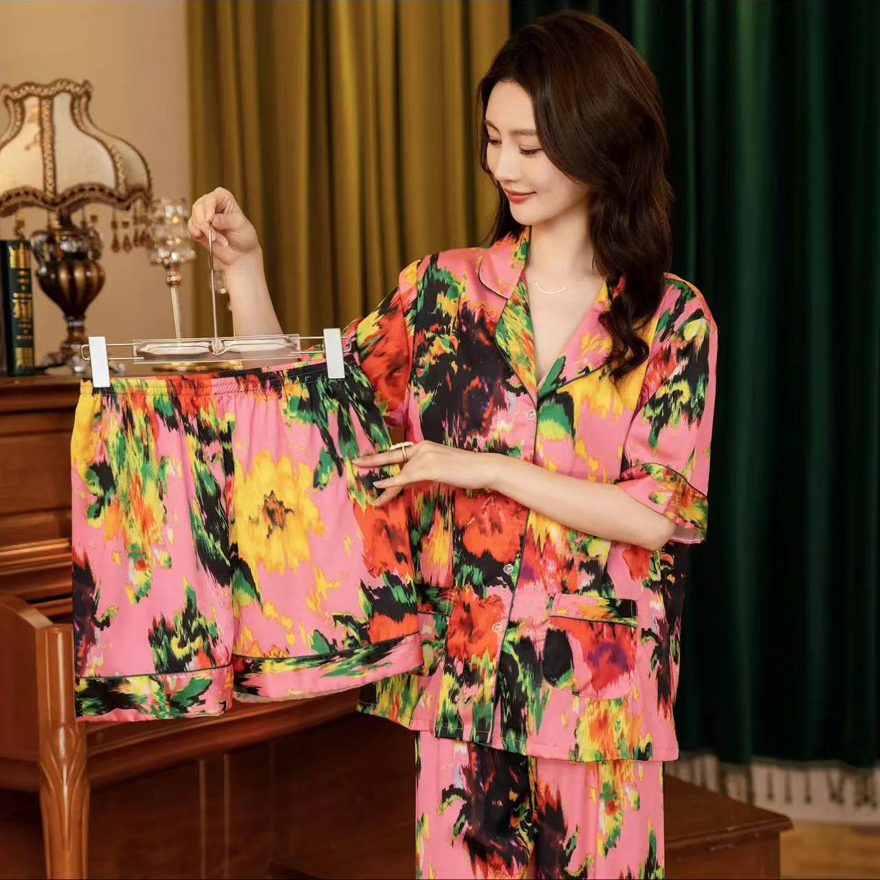 Silk-Feel Pajama Set – Short Sleeve, 3-Piece Shorts/Long Pants