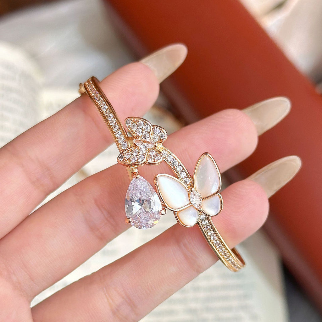 Mother‑of‑Pearl Butterfly Bracelet – Full Pavé, White or Red