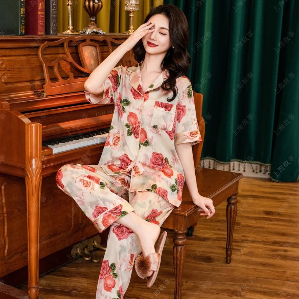 Silk-Feel Pajama Set – Short Sleeve, 3-Piece Shorts/Long Pants