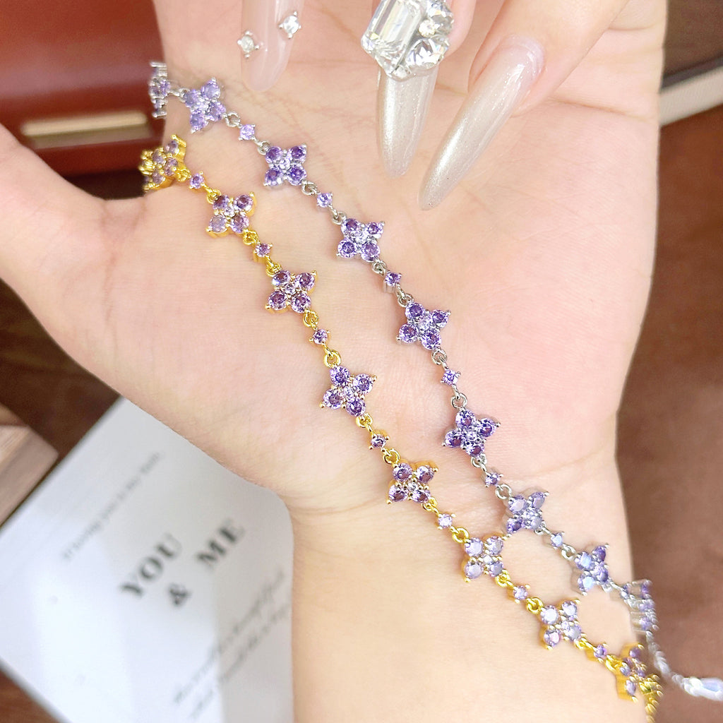 Vintage Four‑Leaf Clover Bracelet – Purple Zirconia, 3 Gold Tones