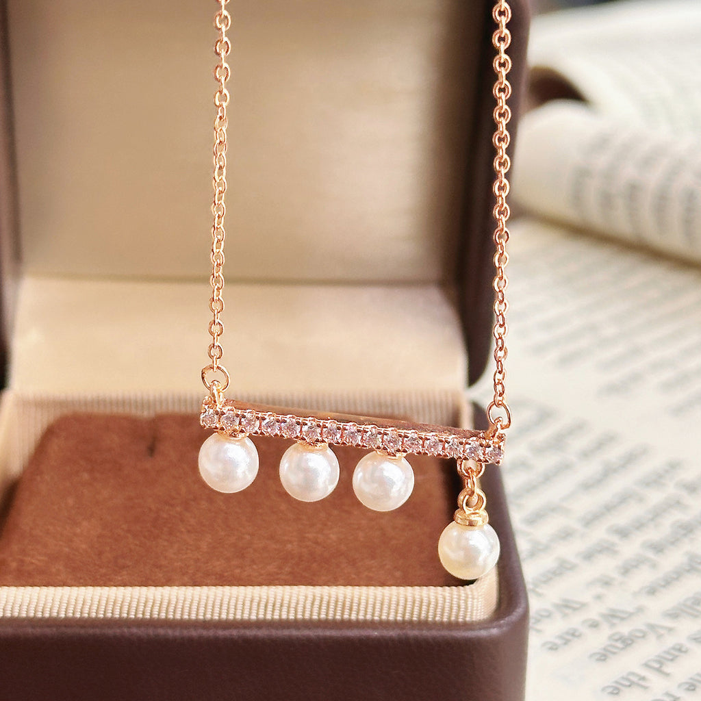 Balance Bar Pearl Necklace & Earrings – 18k Gold Plated, Champagne or White Gold