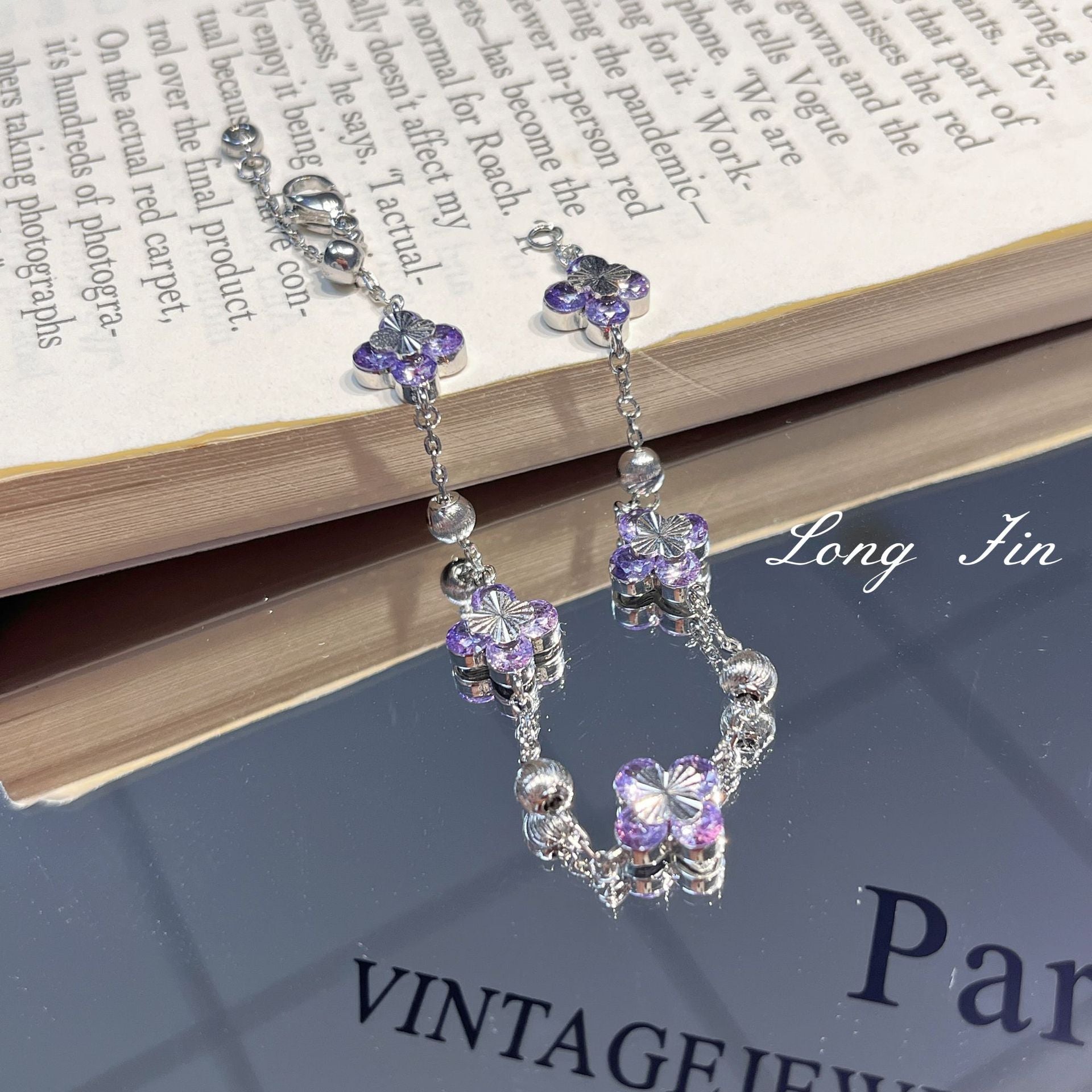 Purple Star Trail Bracelet Set – Full Pavé Cuff & Four-Leaf Clover Chain