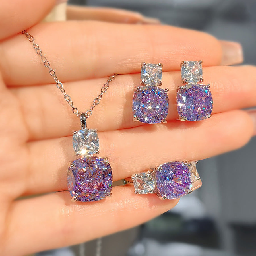 Pink & Purple Diamond Set – Pendant, Ring & Stud Earrings