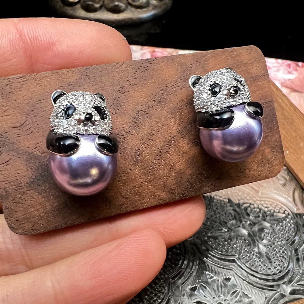 Panda Pearl Studs – Swarovski Elements, 925 Silver, Purple/White/Skin