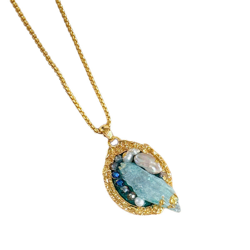 Natural Blue Crystal & Pearl Set – 18K Gold Plated Earrings & Necklace for Women