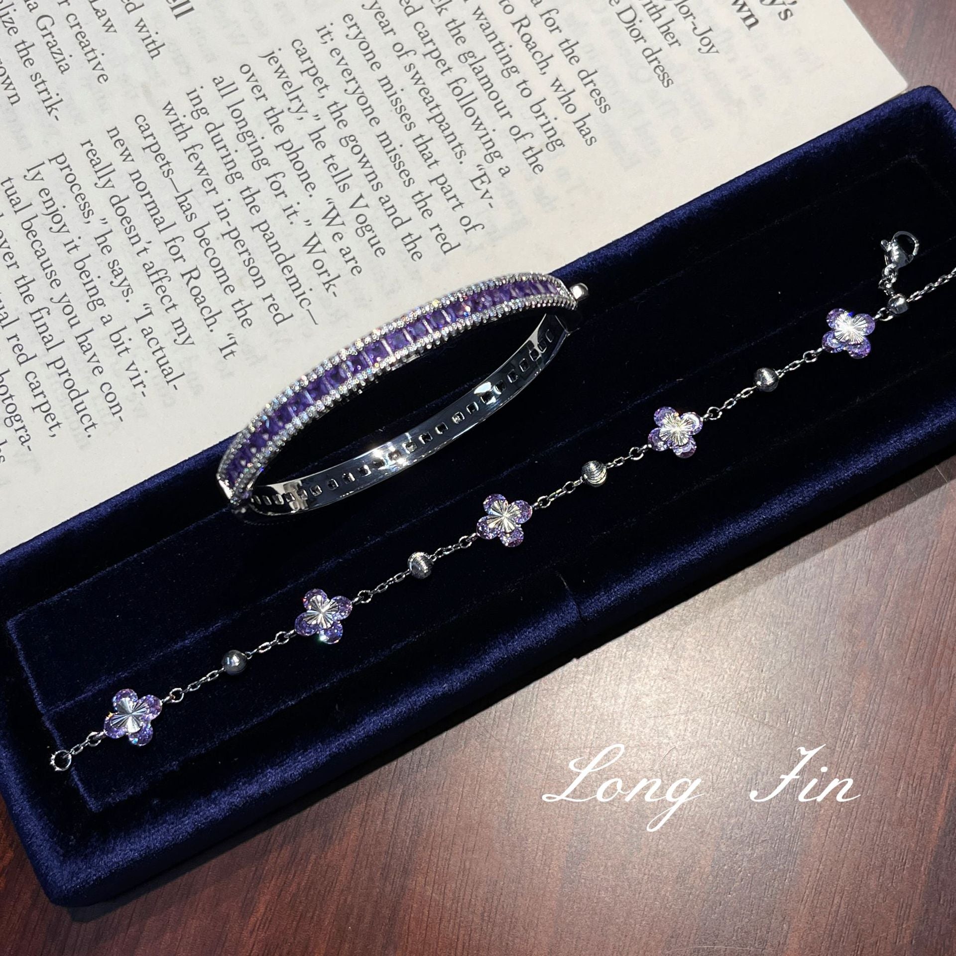 Purple Star Trail Bracelet Set – Full Pavé Cuff & Four-Leaf Clover Chain