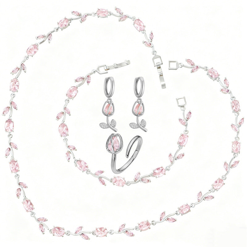 Spring Tulip Set – Sparkling Flower Necklace & Bracelet in Gold or Silver Tone