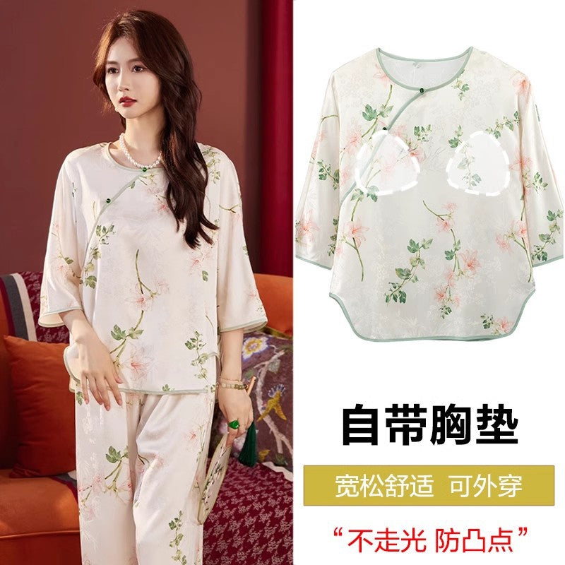 Ice-Silk Pajama Set with Built-in Bra – Pullover Style, M-XXL