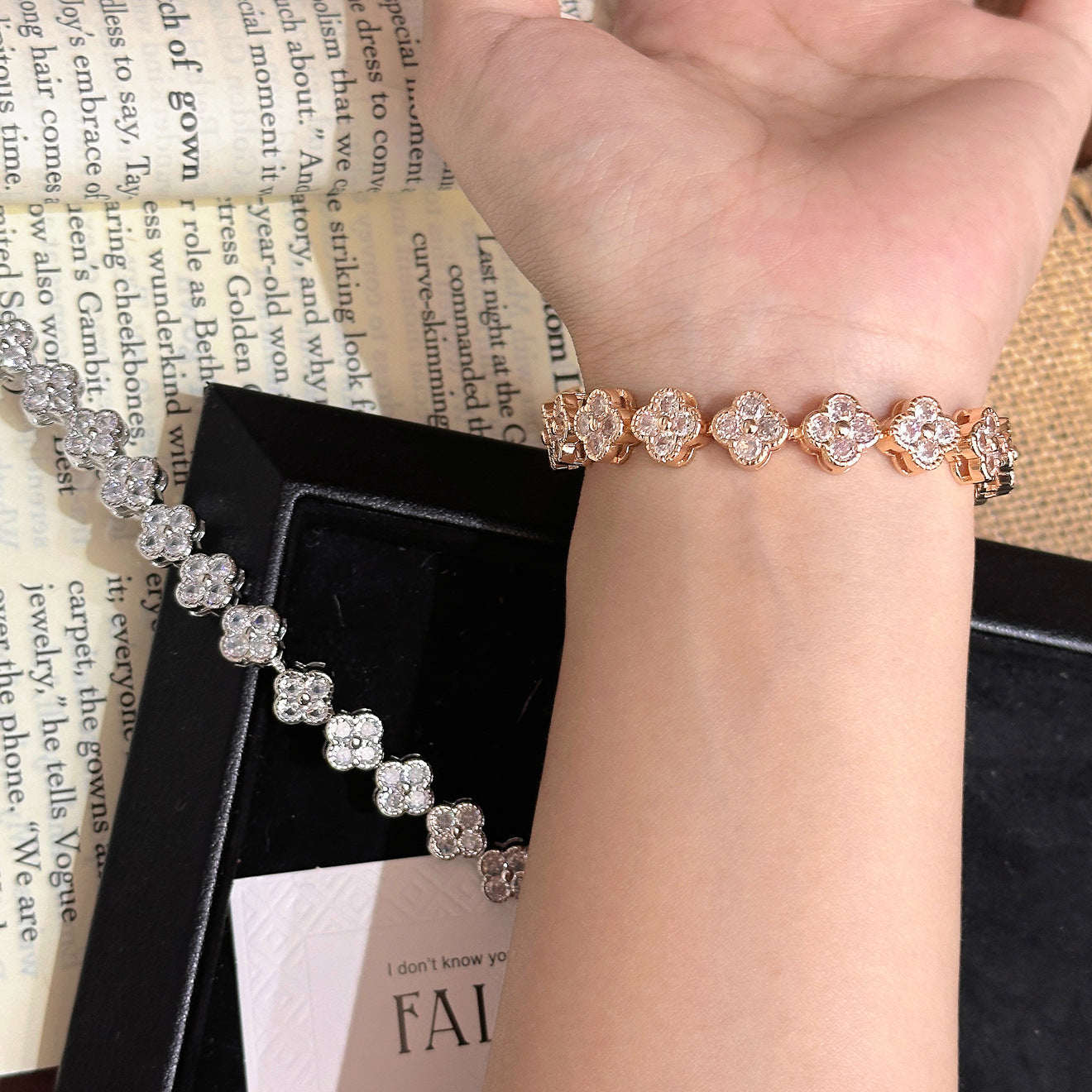 Full Pavé Four‑Leaf Bracelet – 5 Gem Colors, Champagne or White Gold