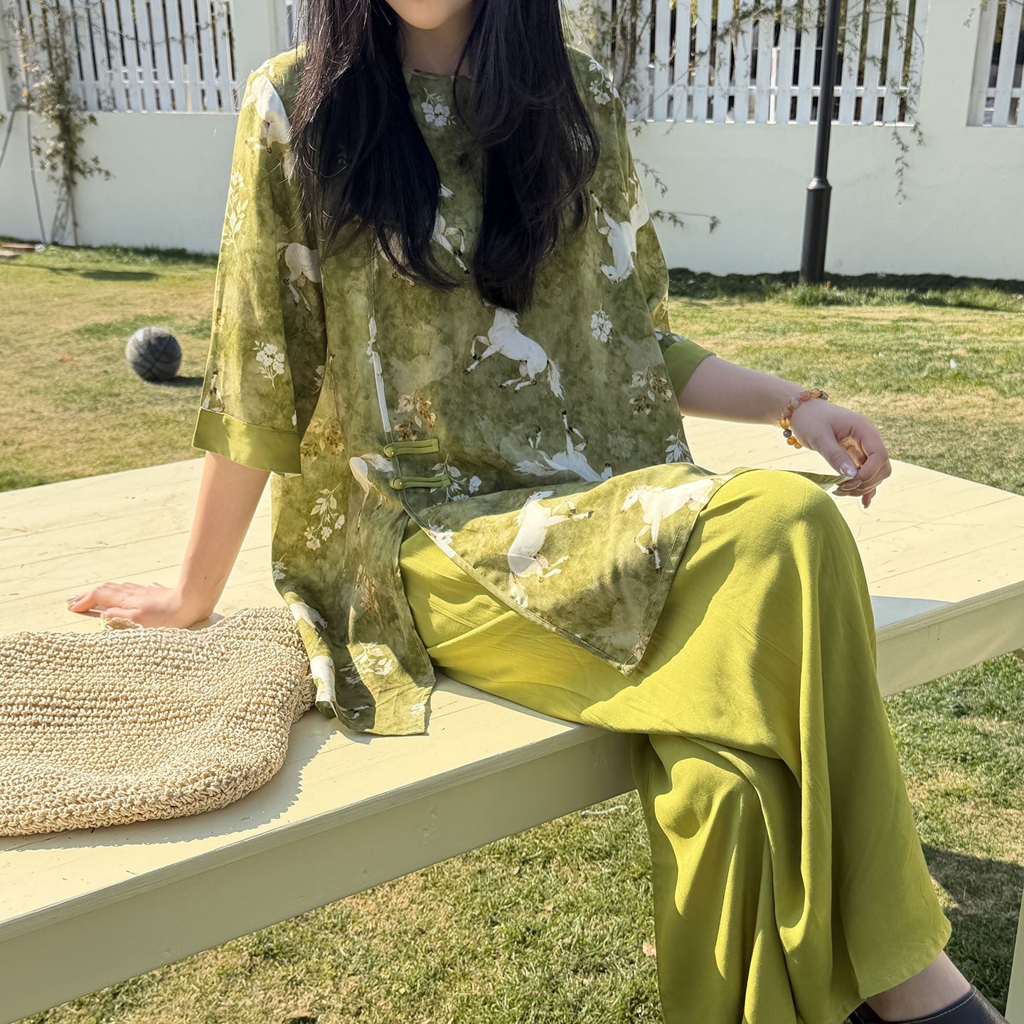Flowy Wide-Leg Loungewear – Vintage Oriental Print, One Size Fits Most