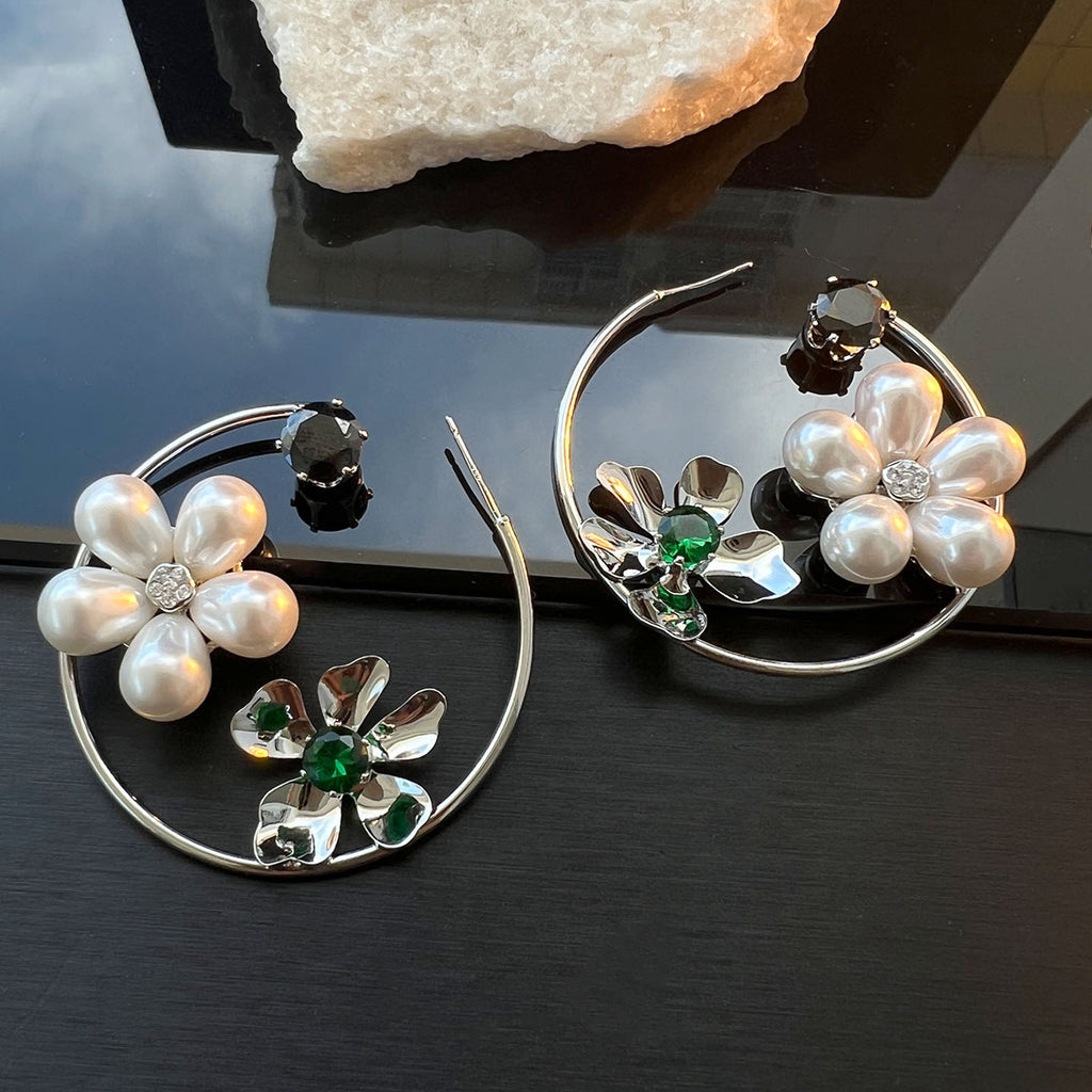 Silver Flower Pearl Earrings – Micro Pavé Zirconia, Sweet & Edgy