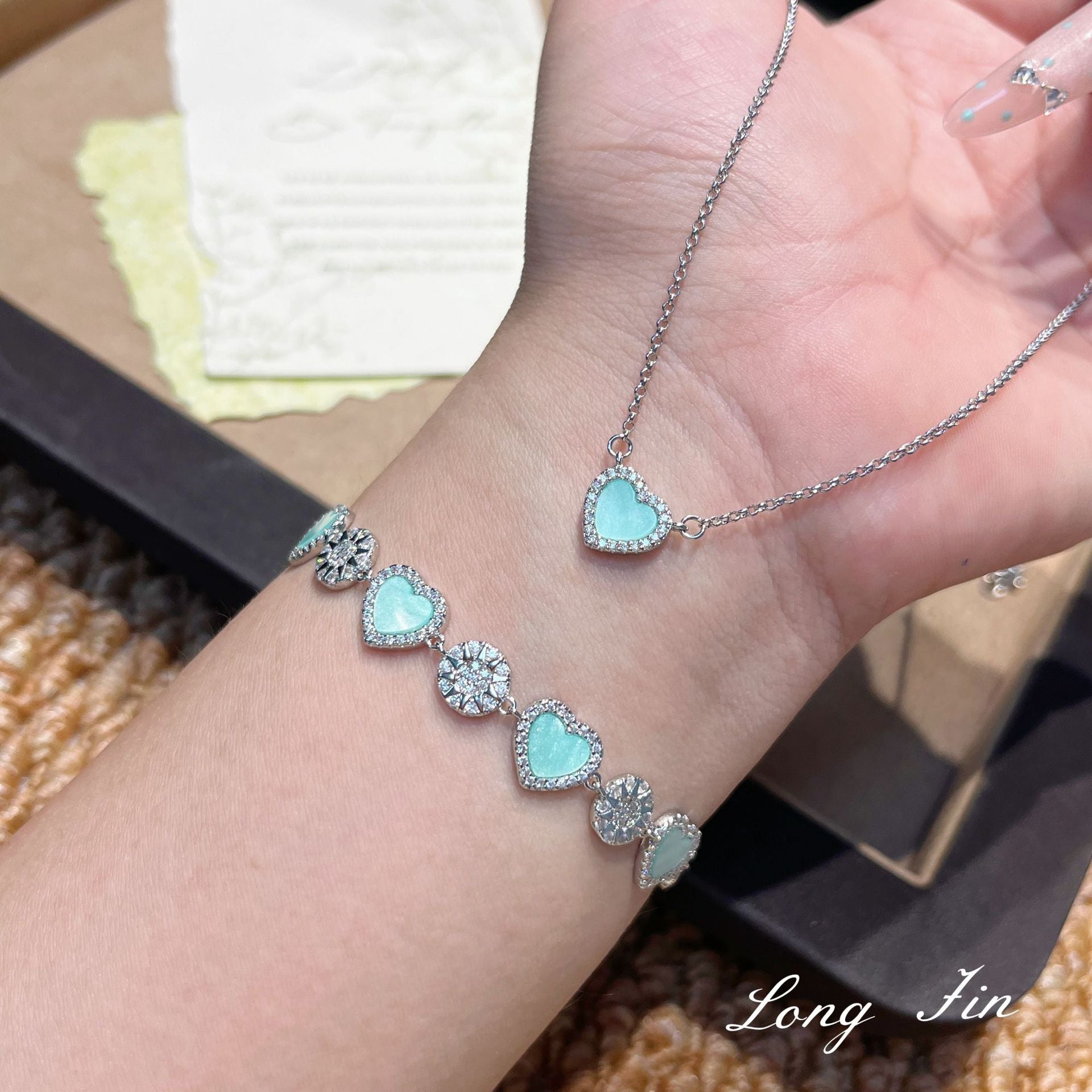 Lovely Heart Jewelry Gift Set – Mint Green Zirconia Necklace, Bracelet & Ring
