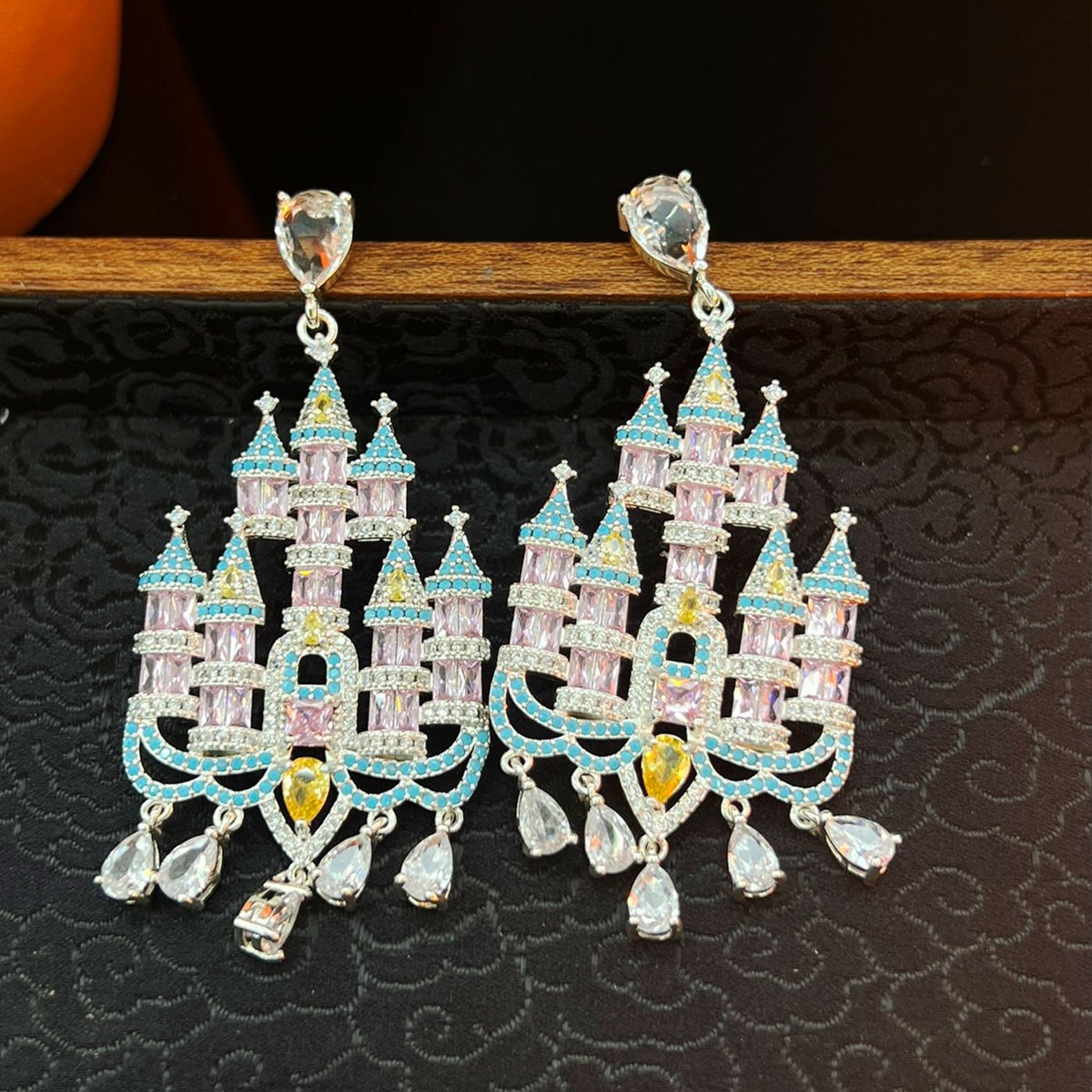 Secret Castle Colorful Zirconia Earrings – Large Statement, 925 Silver