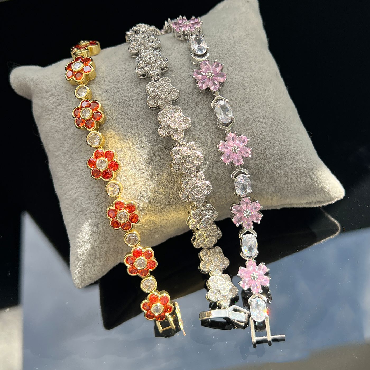 Spring Flower Crystal Bracelet – Silver, Pink or Gold Tone