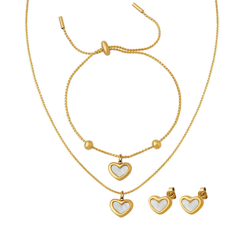 Peach heart shell necklace bracelet gentle three-piece couple jewelry set collarbone chain