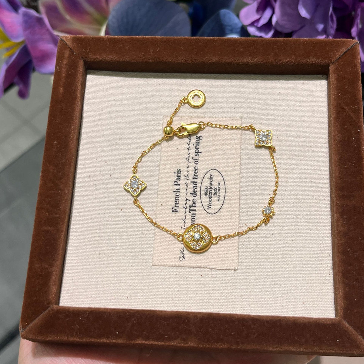 Persimmon & Clover Earrings / Bracelet – Brushed Gold, Full Pavé