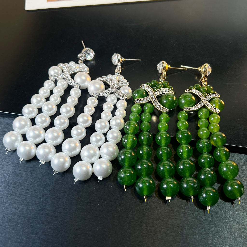 Agate Tassel Statement Earrings – Green or White, Vintage Court Style