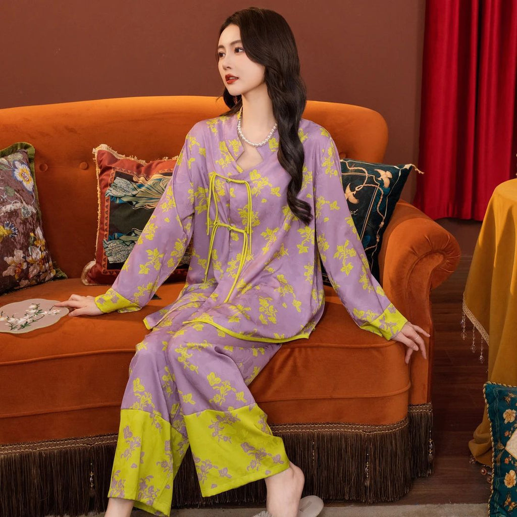 New Chinese Cotton-Silk Pajama Set – Mid-Sleeve + Wide-Leg Pants, One Size