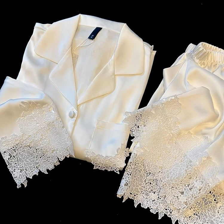 French Chic Lace Ice-Silk Pajama Set – Lightweight Long Sleeve, M-XXL
