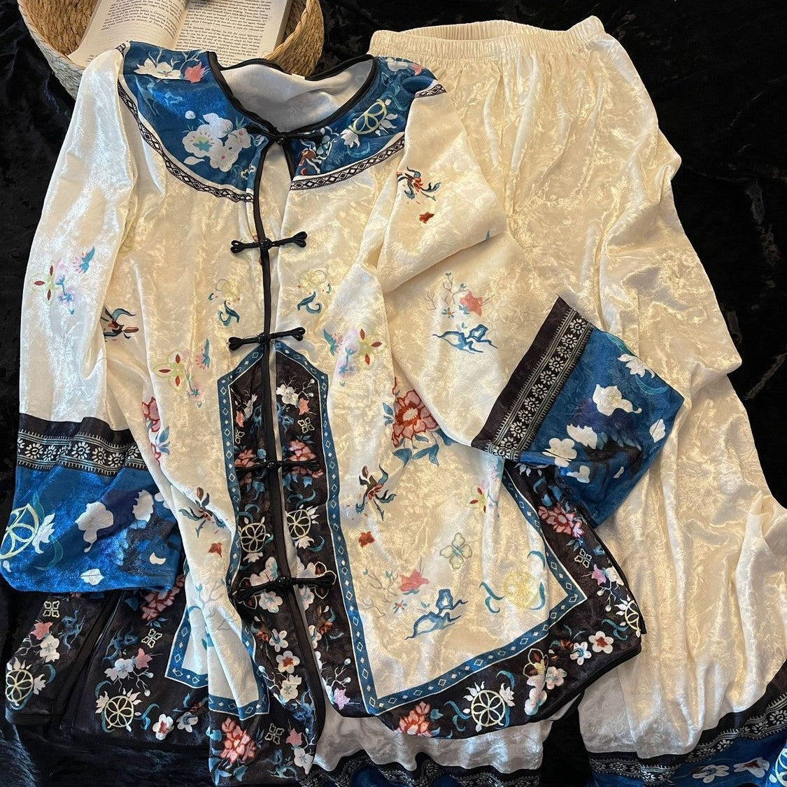 Velvet Floral Pajama Set – Chinese Elegance, Long Sleeve + Pants, S-3XL