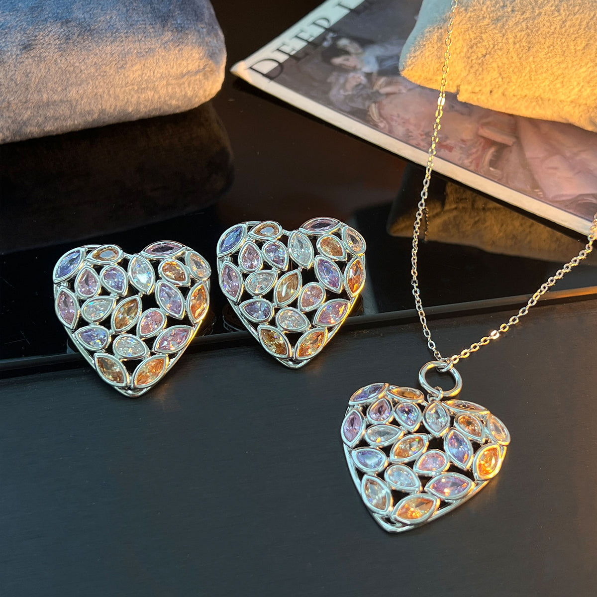 Heavy Work Hollow Heart Necklace & Earrings – Colorful Zirconia