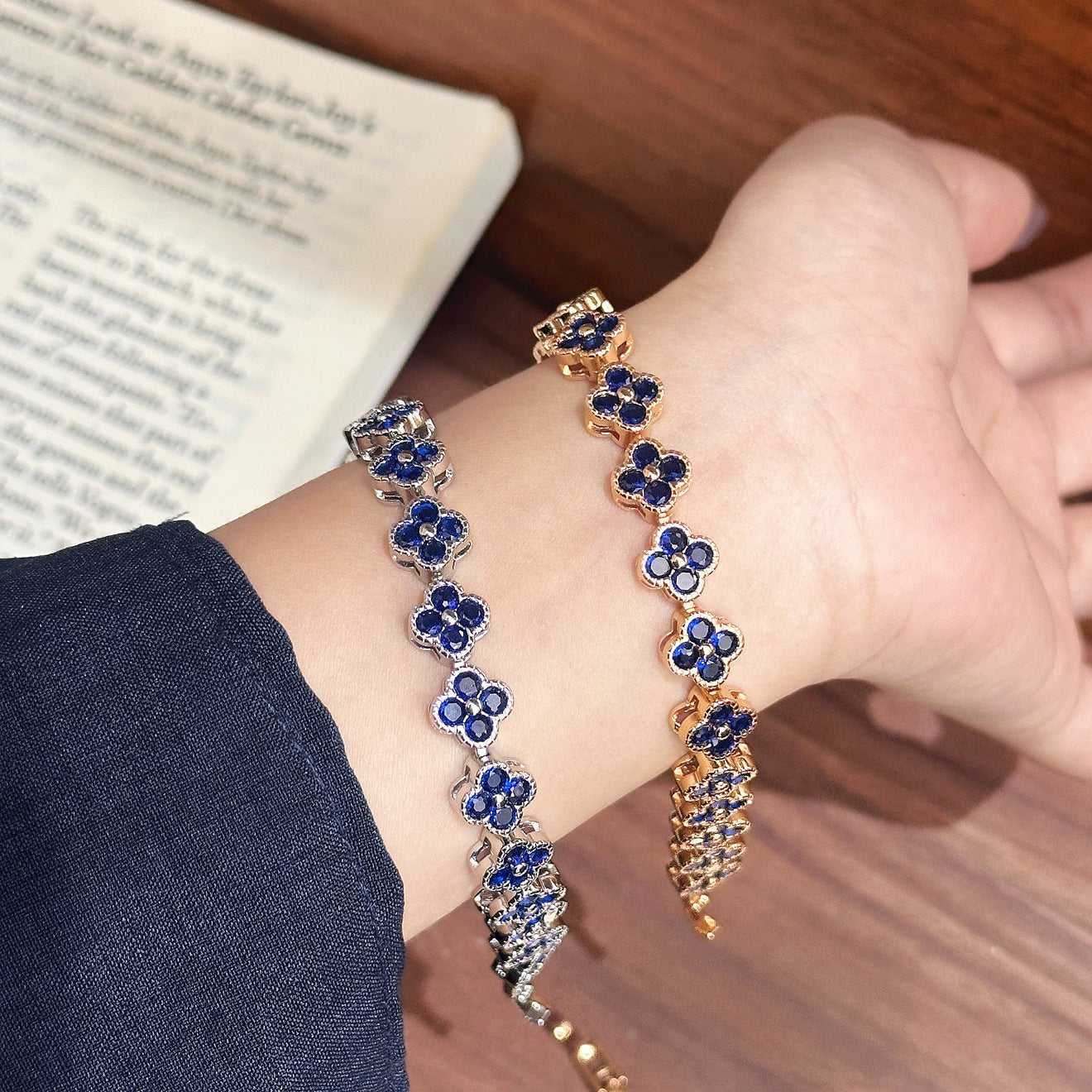 Full Pavé Four‑Leaf Bracelet – 5 Gem Colors, Champagne or White Gold