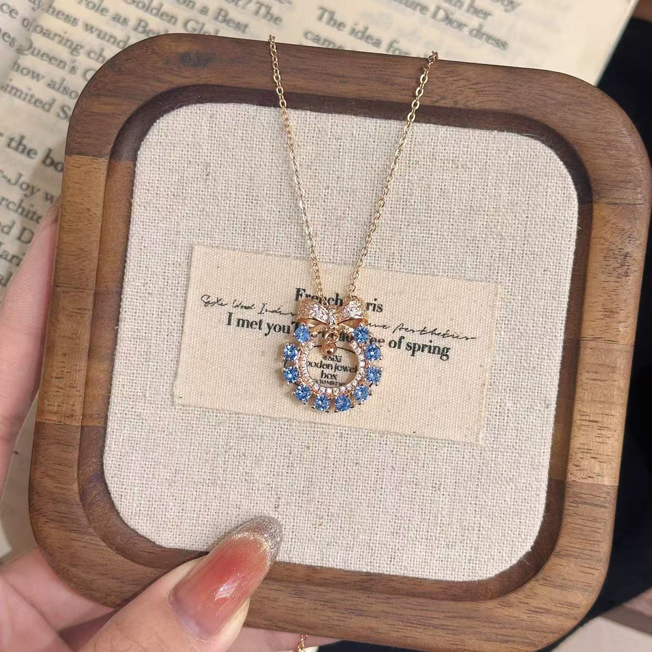 Candy Bow Necklace – Champagne Gold with Blue or Red Pendant