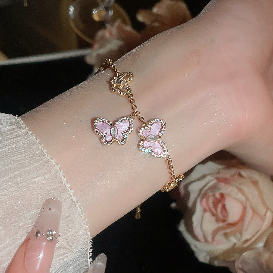 Layered Butterfly Chain Bracelet – Vintage Gold Tone with Purple/Pink/White/Blue Zirconia