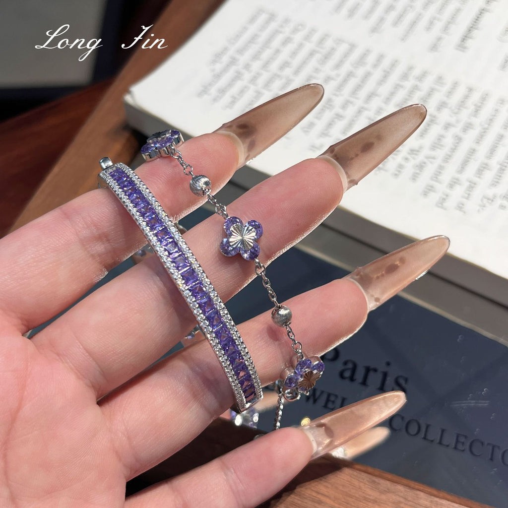Purple Star Trail Bracelet Set – Full Pavé Cuff & Four-Leaf Clover Chain