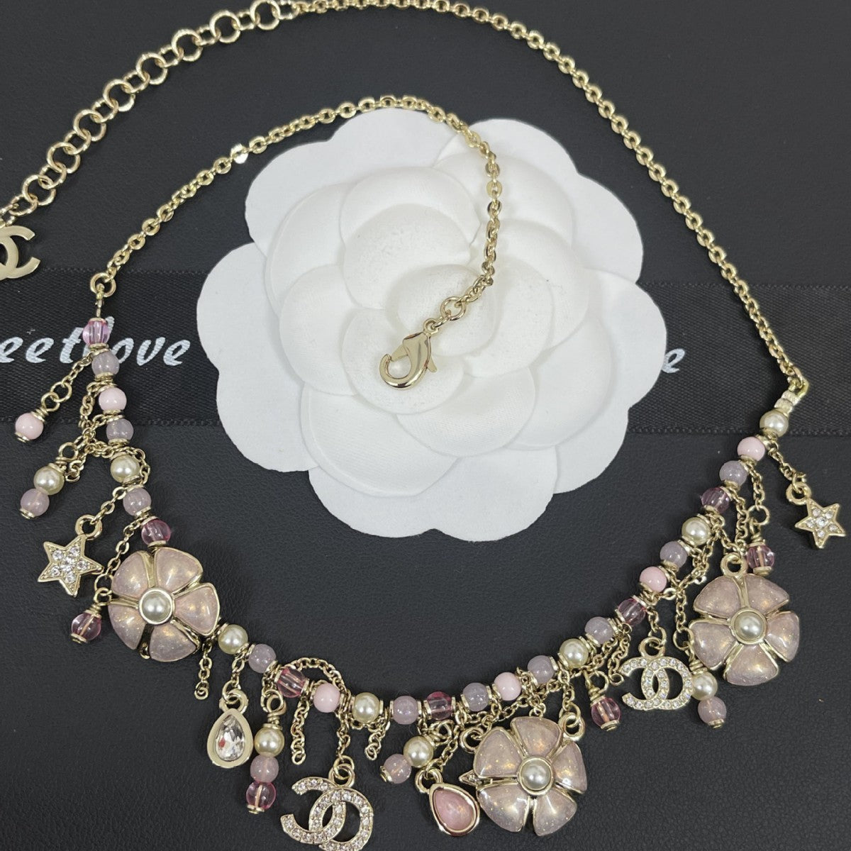 Camellia Tassel Necklace – Pearl & Flower Long Pendant in Pink or Black
