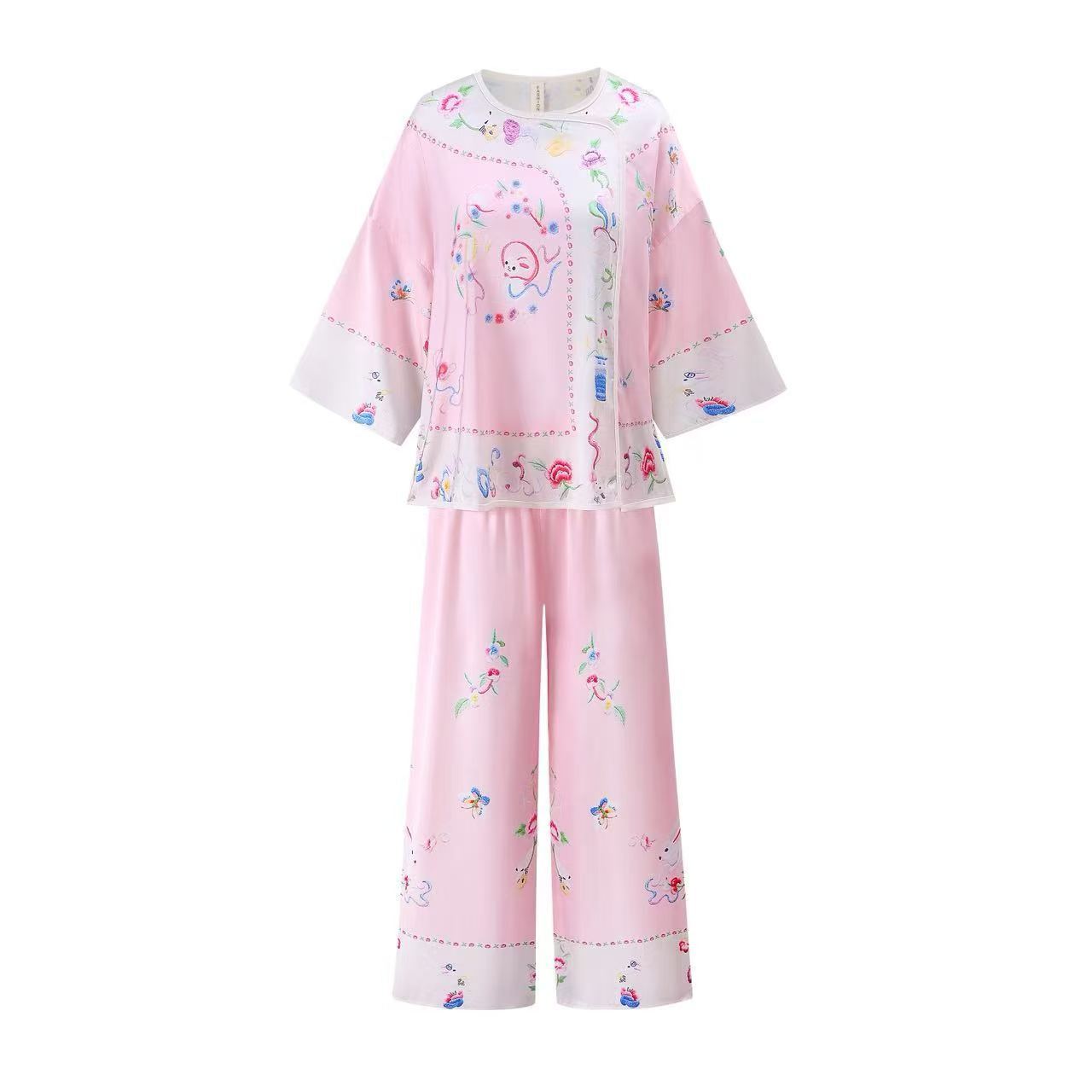 Imperial Court Style Pajama Set – Mandarin Button Detail, Plus Size XL-3XL