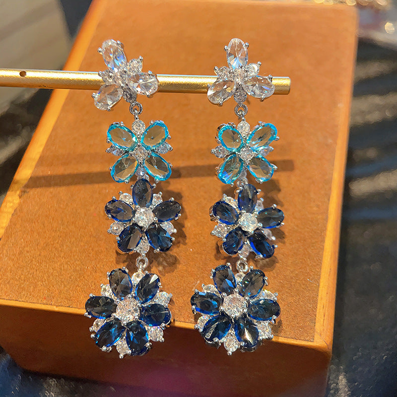 Gradient Flower Drop Earrings – Ombre Zirconia Long Earrings with