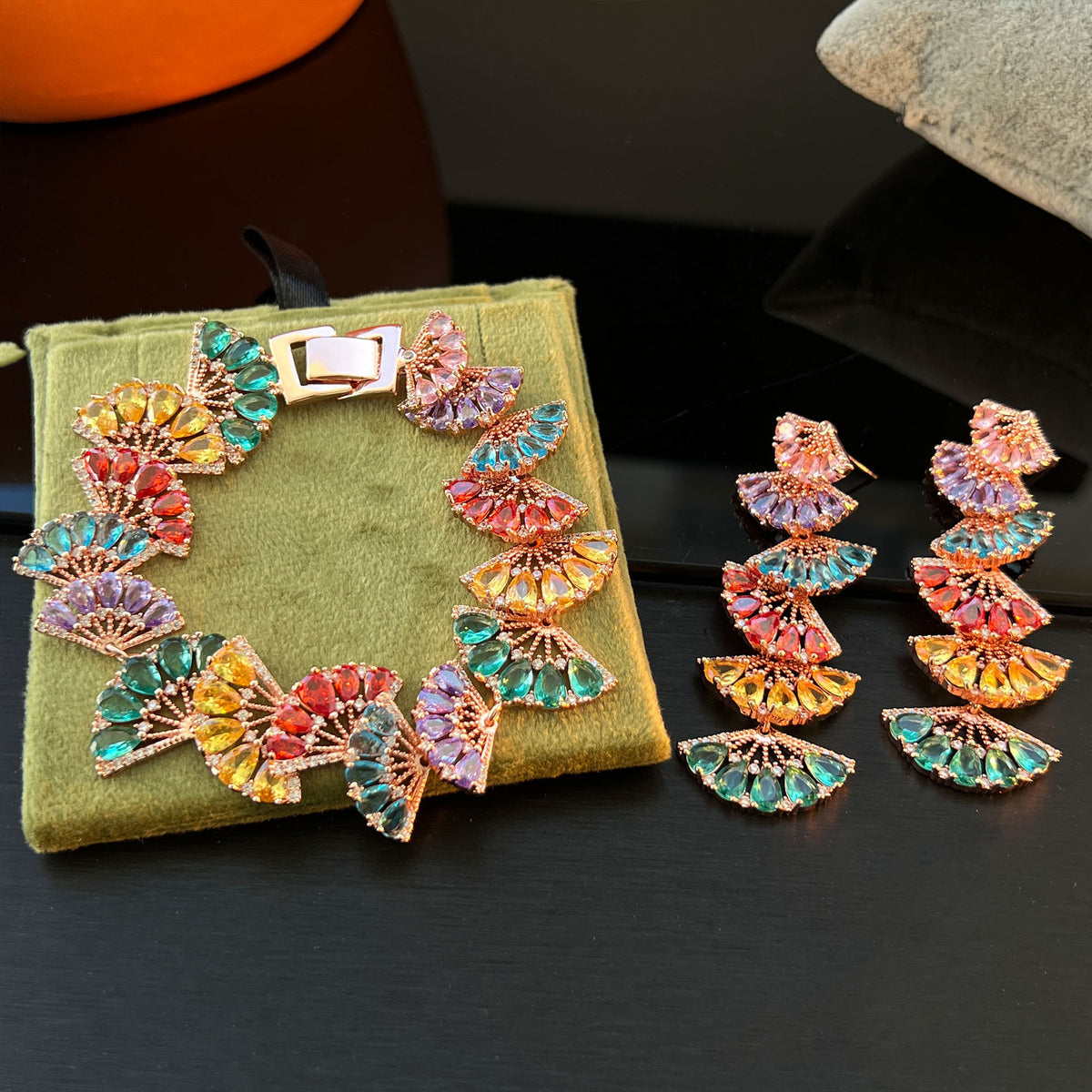 Rose Gold Gradient Fan Bracelet & Earrings – Rainbow Pavé