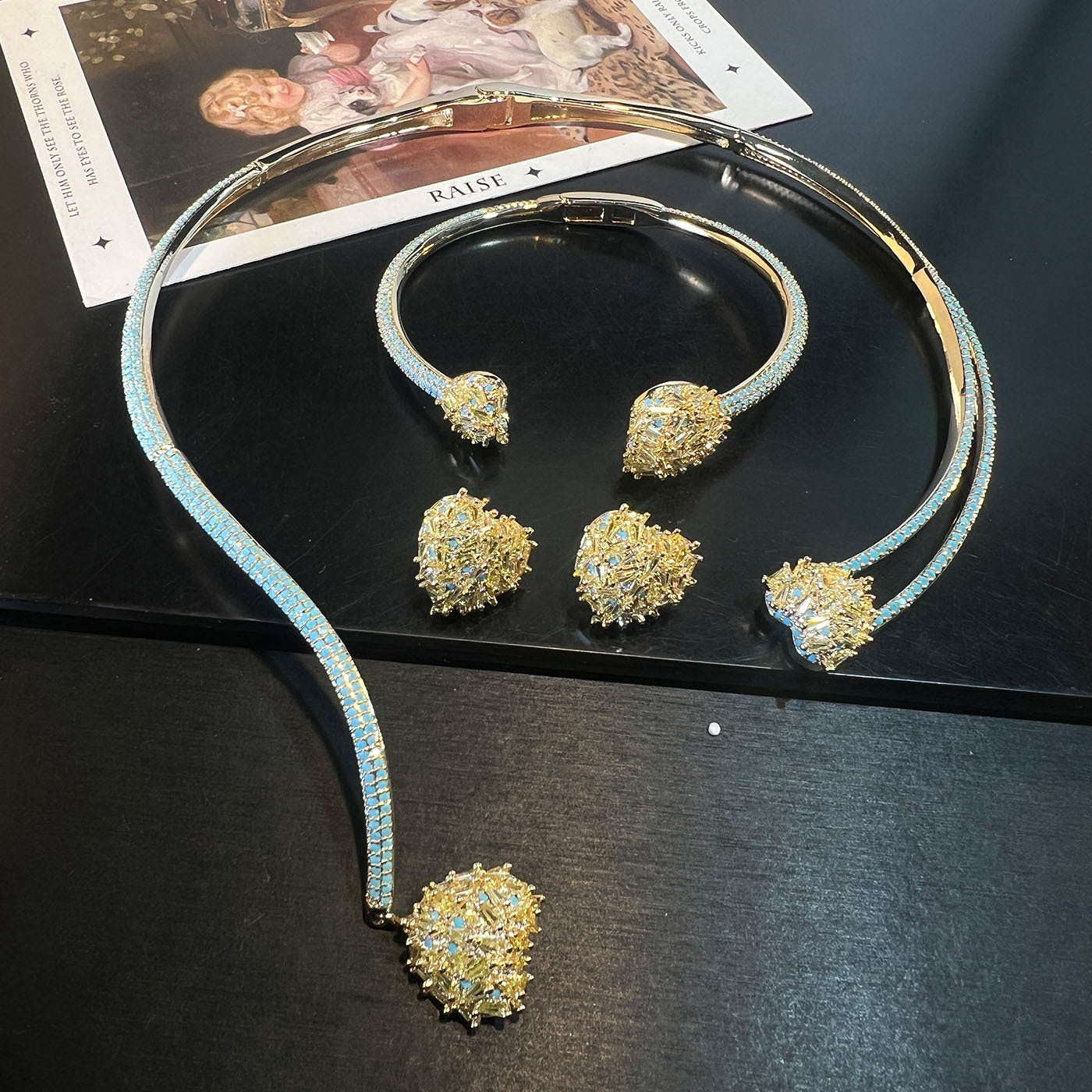 Heart Pavé Set – Earrings, Bangle & Choker in Red, Gold or Multicolor