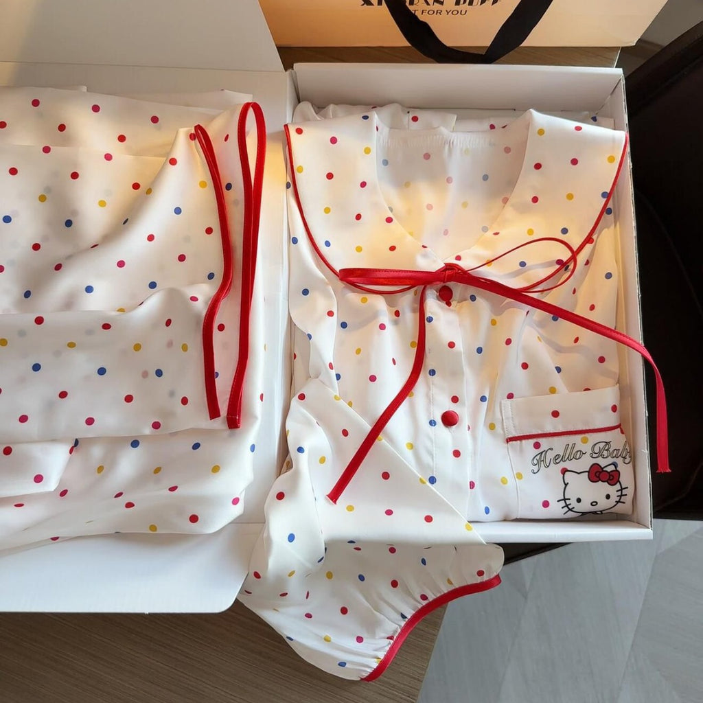 Kawaii Kitty Print Pajamas – Breathable Satin, Summer Loungewear