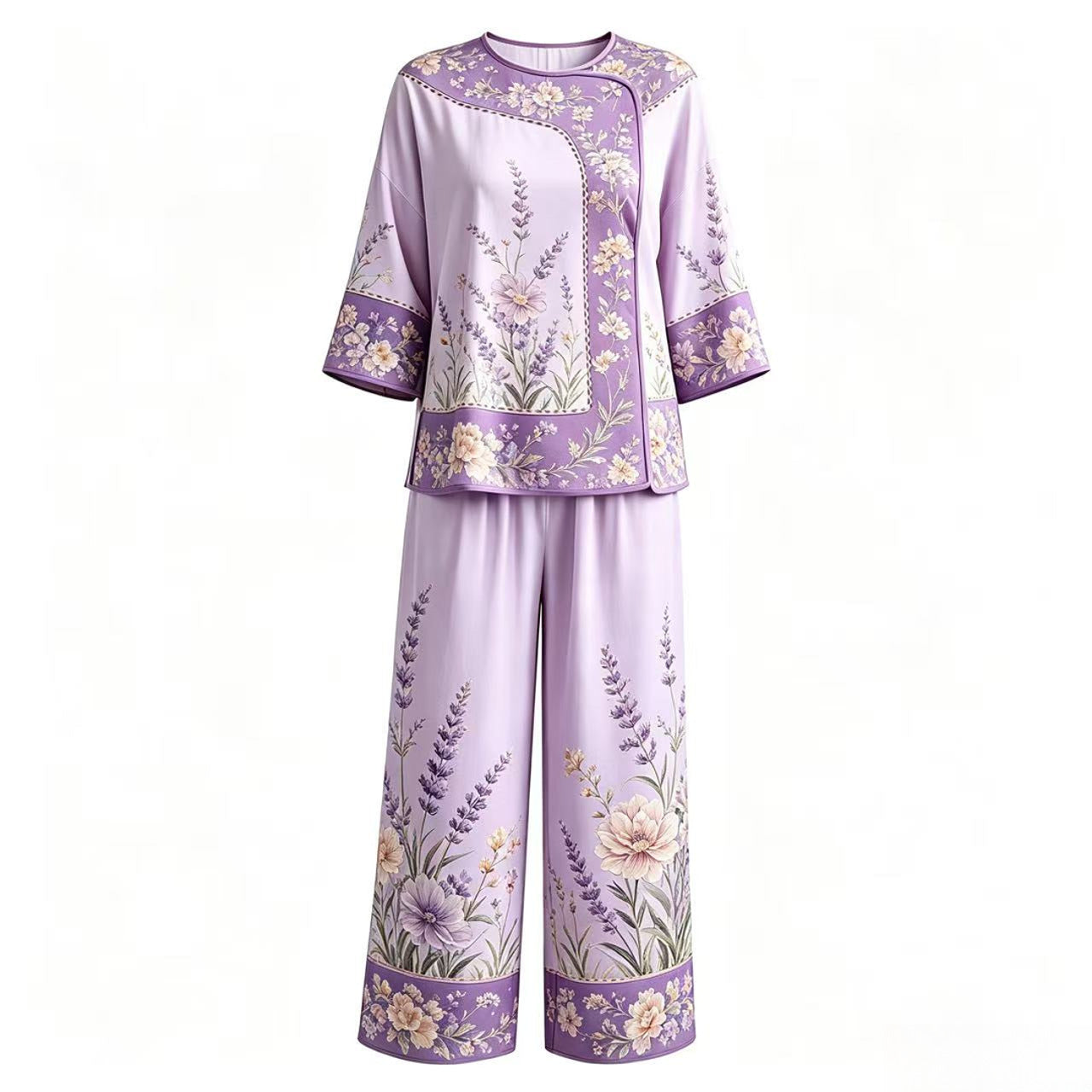 Imperial Court Style Pajama Set – Mandarin Button Detail, Plus Size XL-3XL