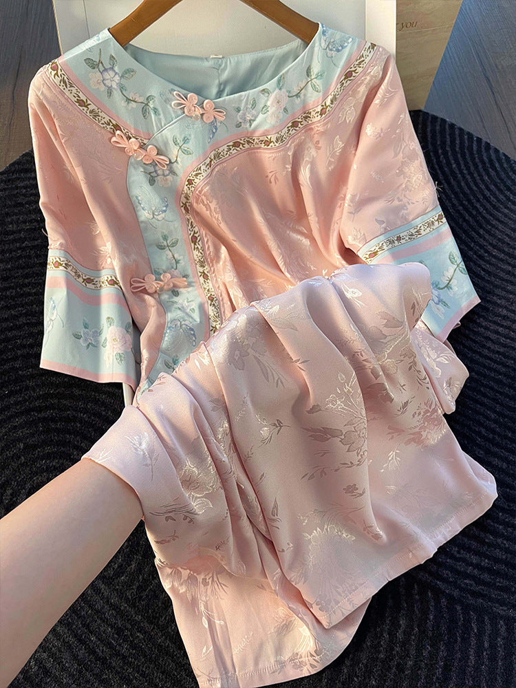Pink Sweet Chinese-Style Sleep Dress – Short Sleeve, Floral Jacquard, S-3XL