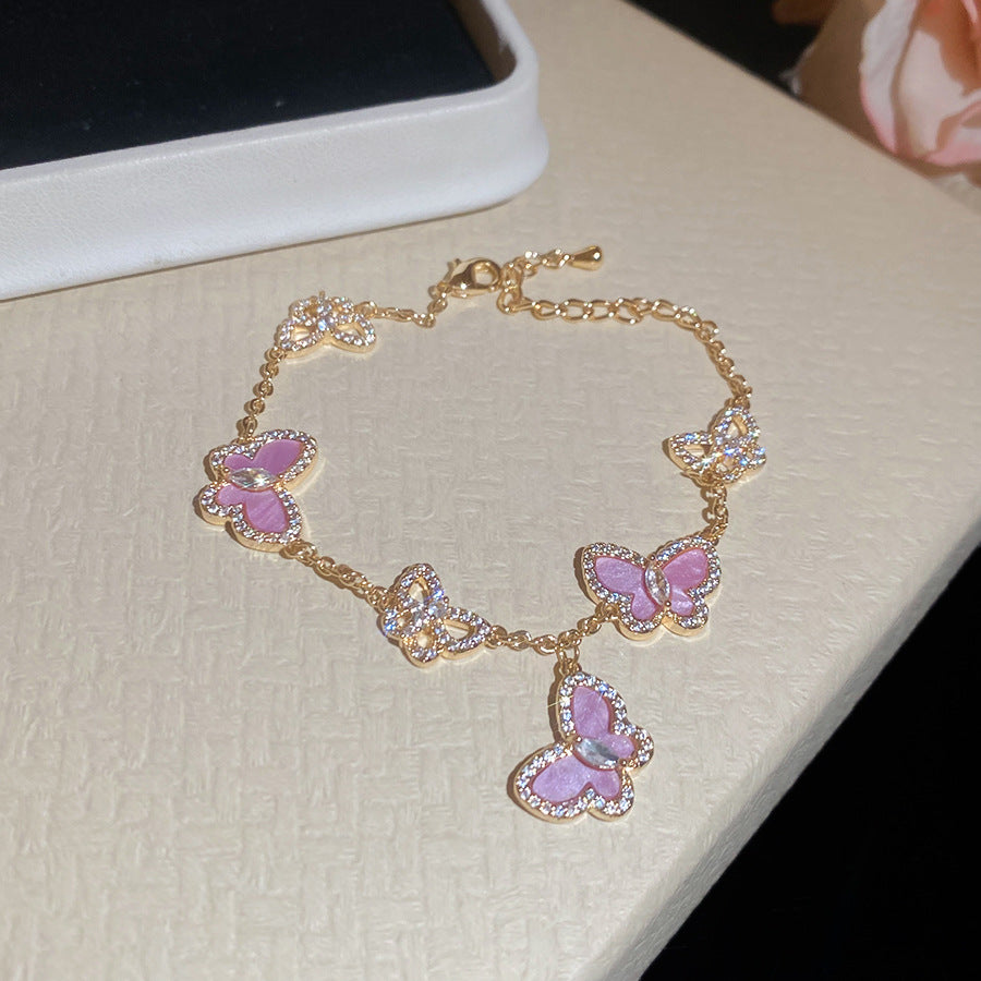 Layered Butterfly Chain Bracelet – Vintage Gold Tone with Purple/Pink/White/Blue Zirconia