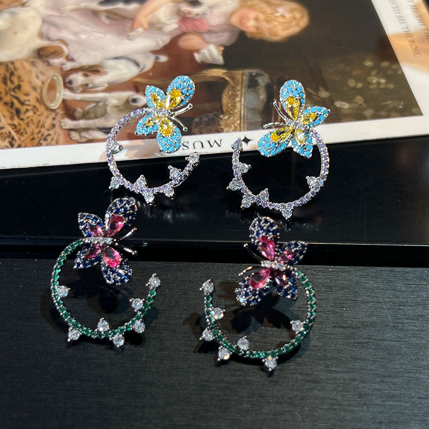 Chinese Butterfly Pavé Earrings – Sky Blue or Green