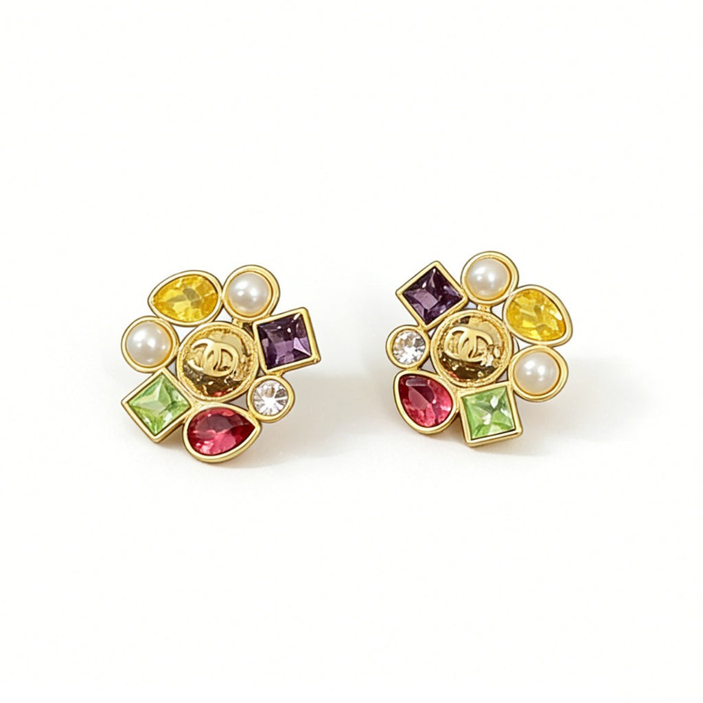 Candy‑Color Square Gem Double‑C Earrings – Gold Flower Base with Baroque Pearl